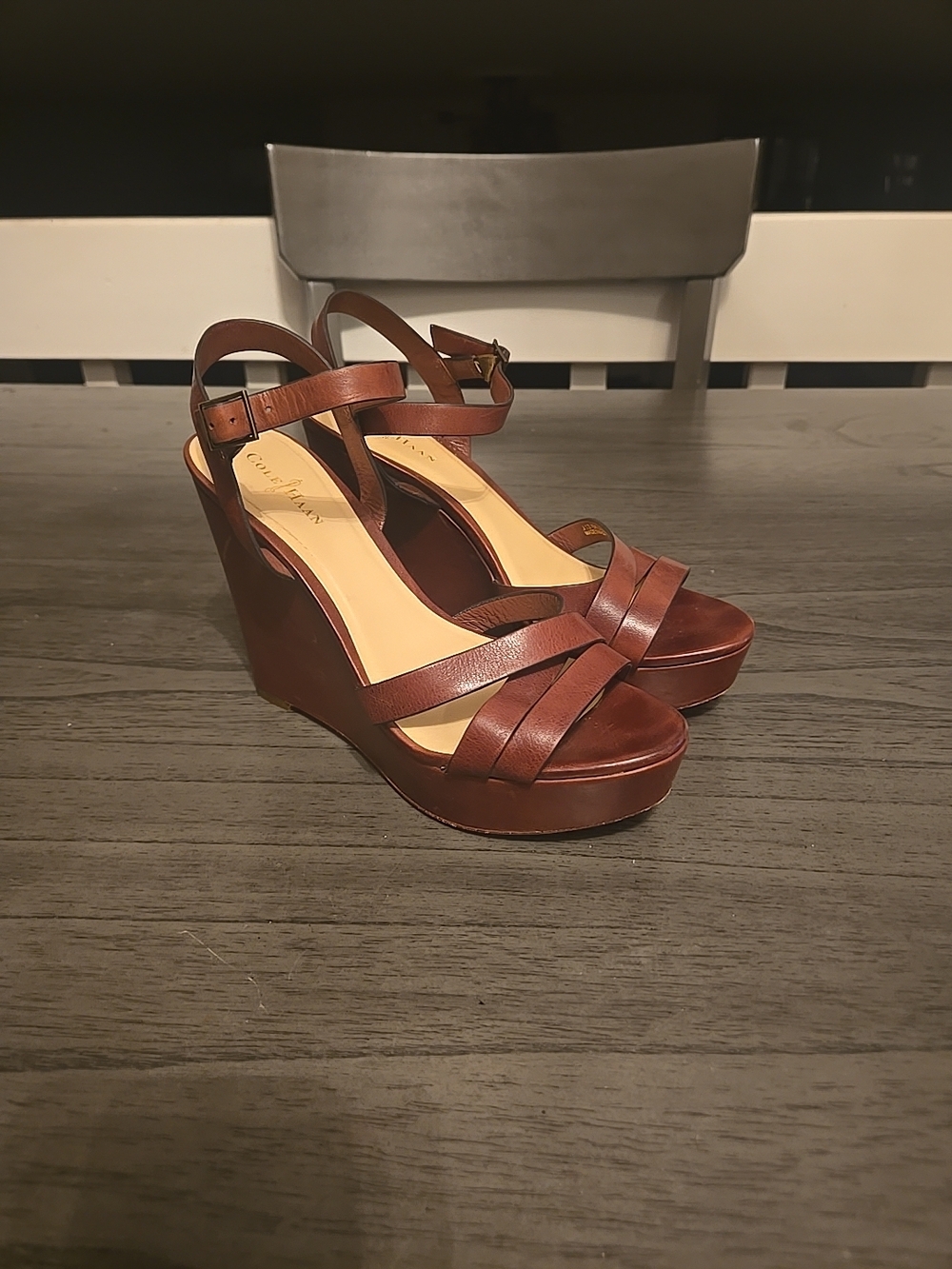 Cole Haan Brown Leather Strappy Wedge Sandals